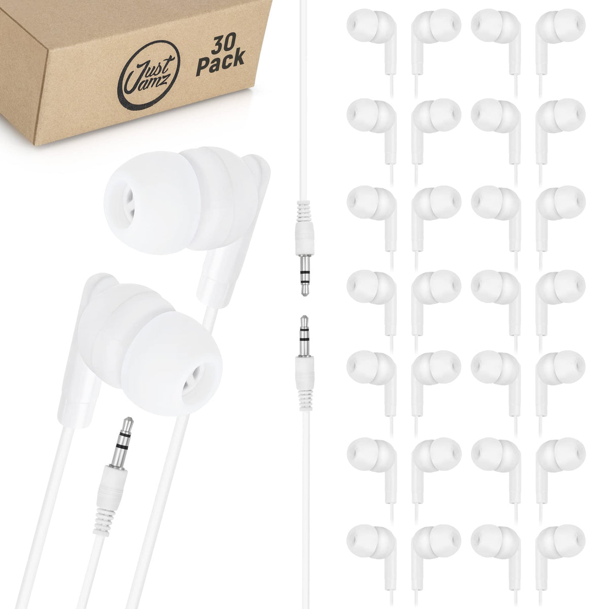 JustJamz pearl white front packaging showing 30 pairs and convenience