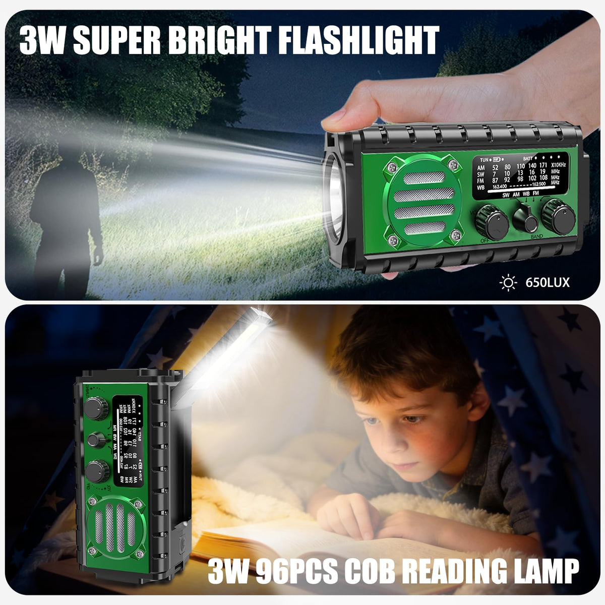 Juvihuxy 3W spotlight and 96LED reading lamp illuminating campsite tasks