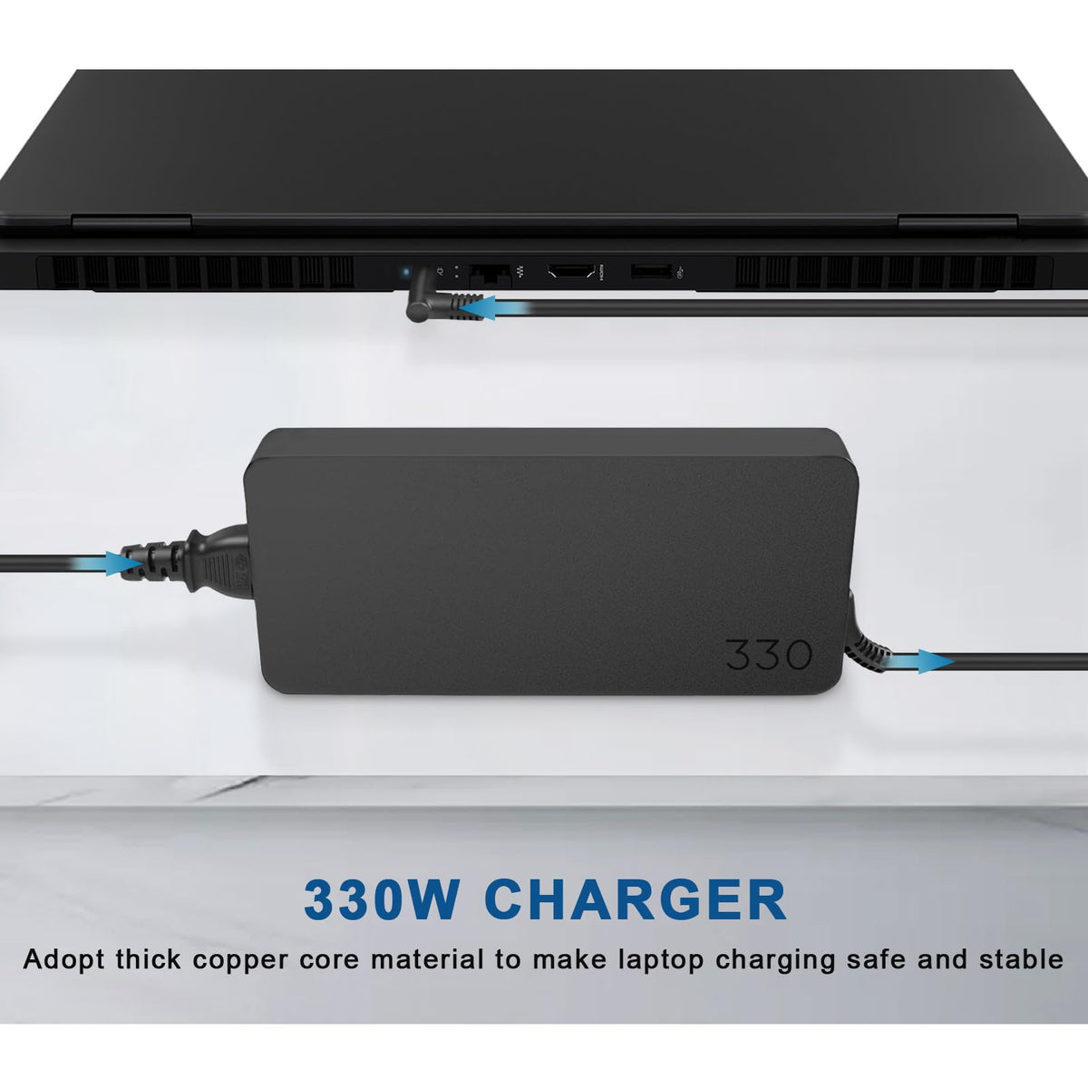 JUYOON 330W charger powering HP ZBook Fury G1i on the move.