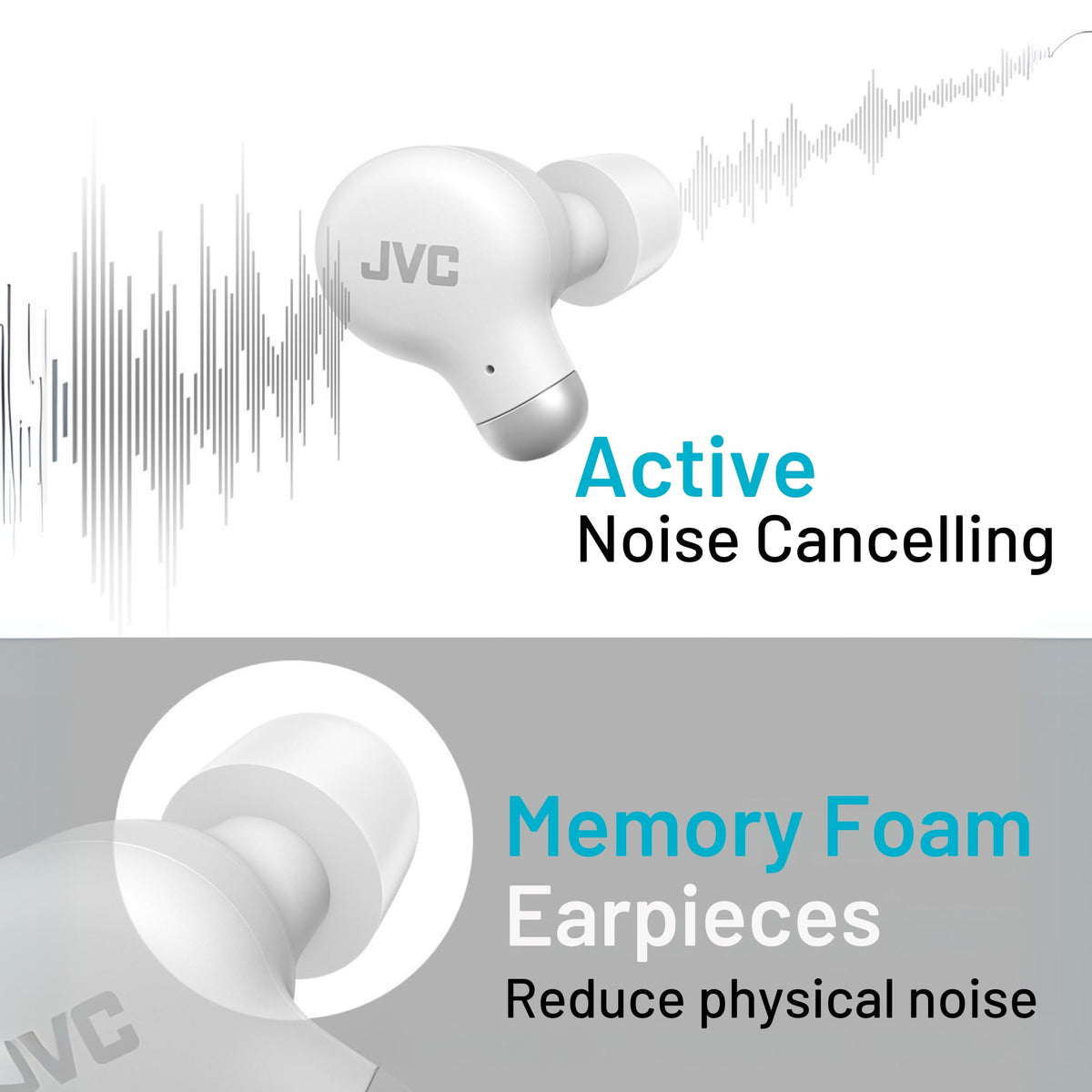 JVC ANC earbuds with memory foam tips enhance passive isolation for focused listening.