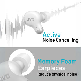 JVC ANC earbuds with memory foam tips enhance passive isolation for focused listening.