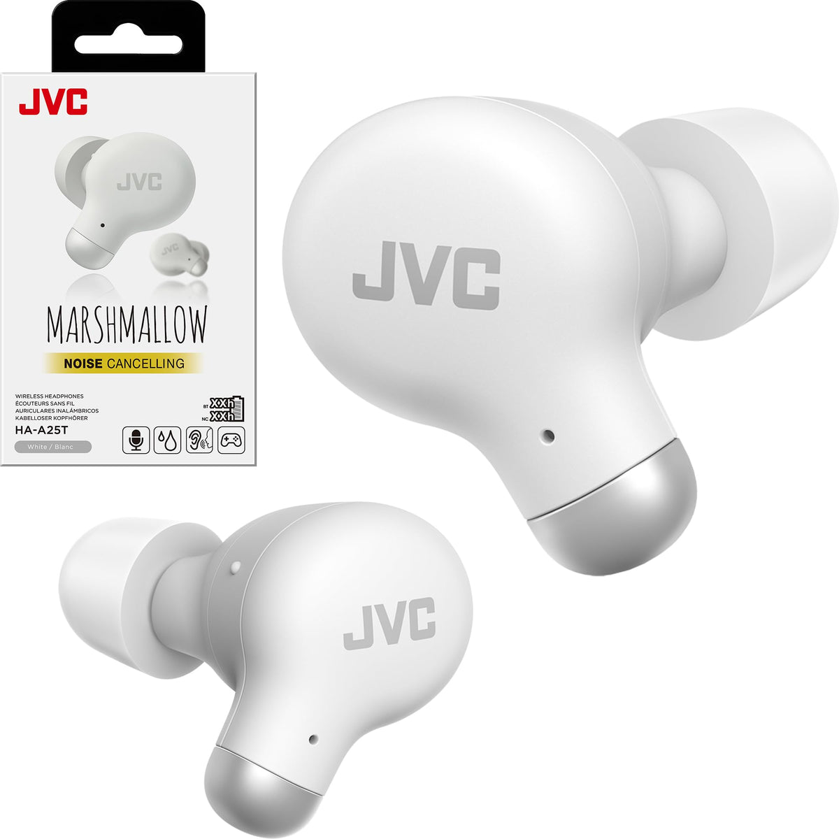 JVC active noise-canceling earbuds with silicone tips for all-day comfort and secure fit.