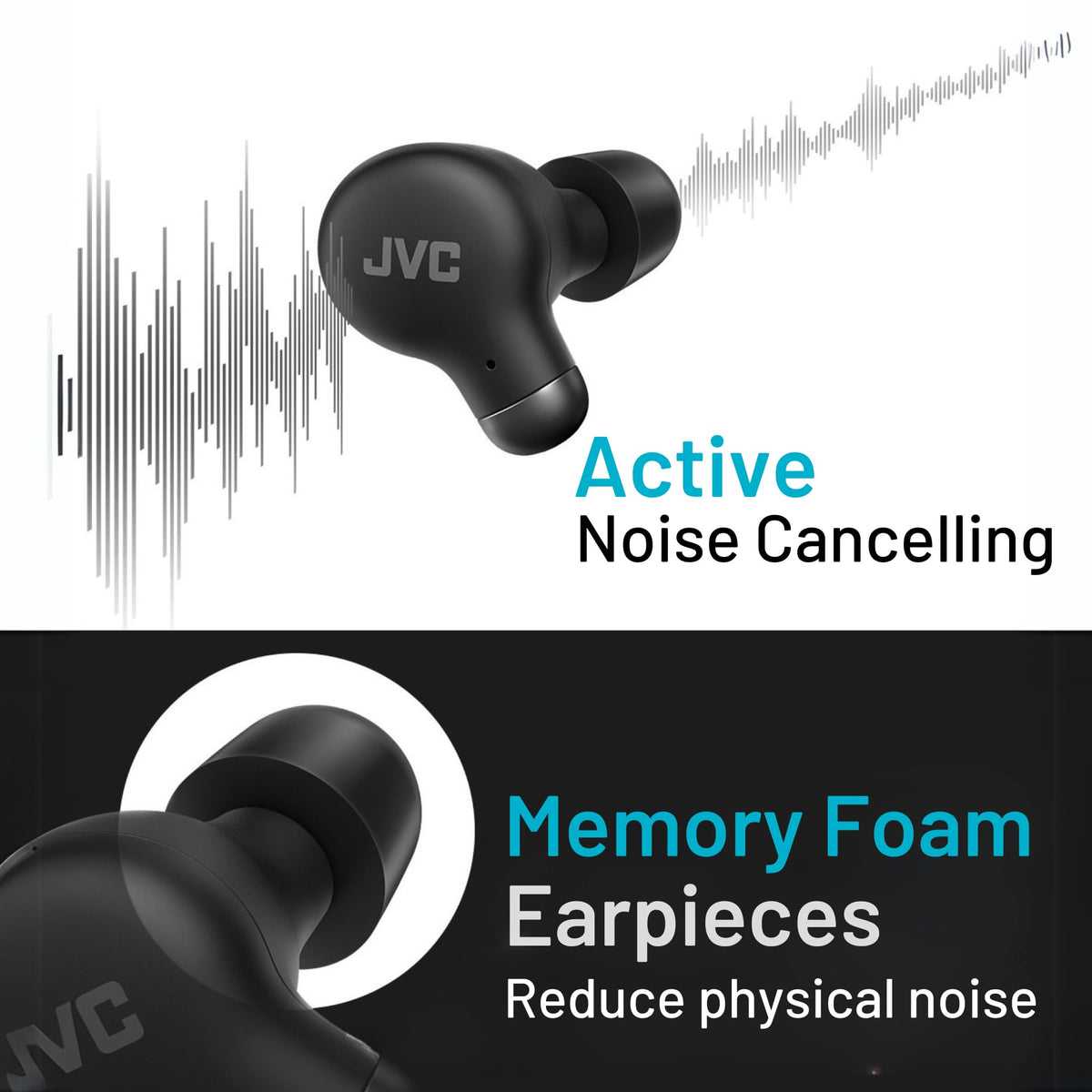 JVC charging case open with earbuds, demonstrates compact pocketable benefit