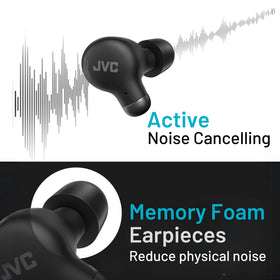 JVC charging case open with earbuds, demonstrates compact pocketable benefit