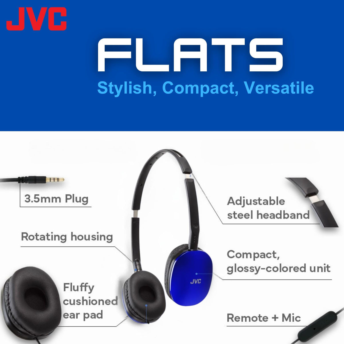 JVC Colorful Flats with remote and mic for clear hands-free calls.