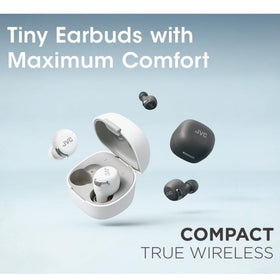 JVC earbuds case open with earbuds inside highlighting pocketable charging