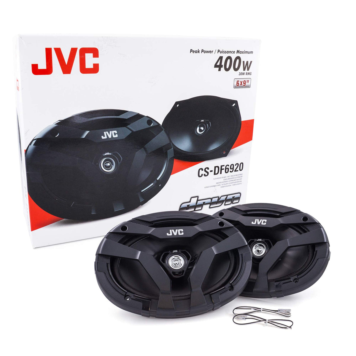 JVC packaging with included wiring and mounting hardware for simple install