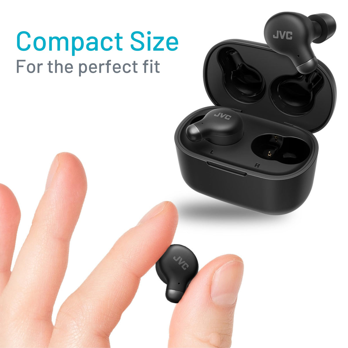 JVC earbuds worn on a commuter, illustrates stable fit and call clarity