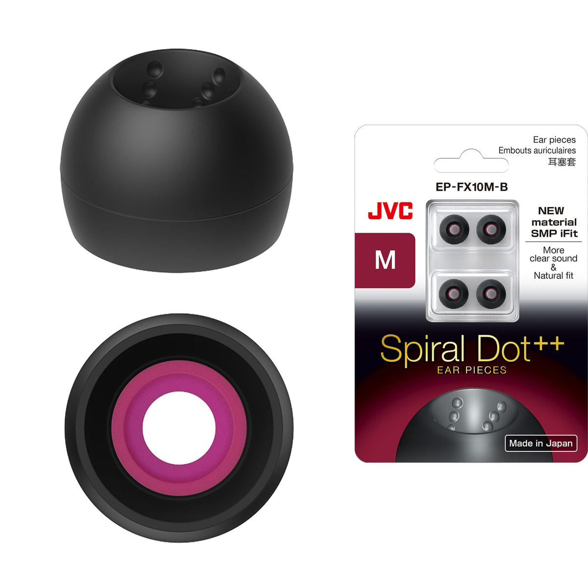 JVC EPFX10 four-pack Spiral Dot ear tips for a secure, comfortable seal.