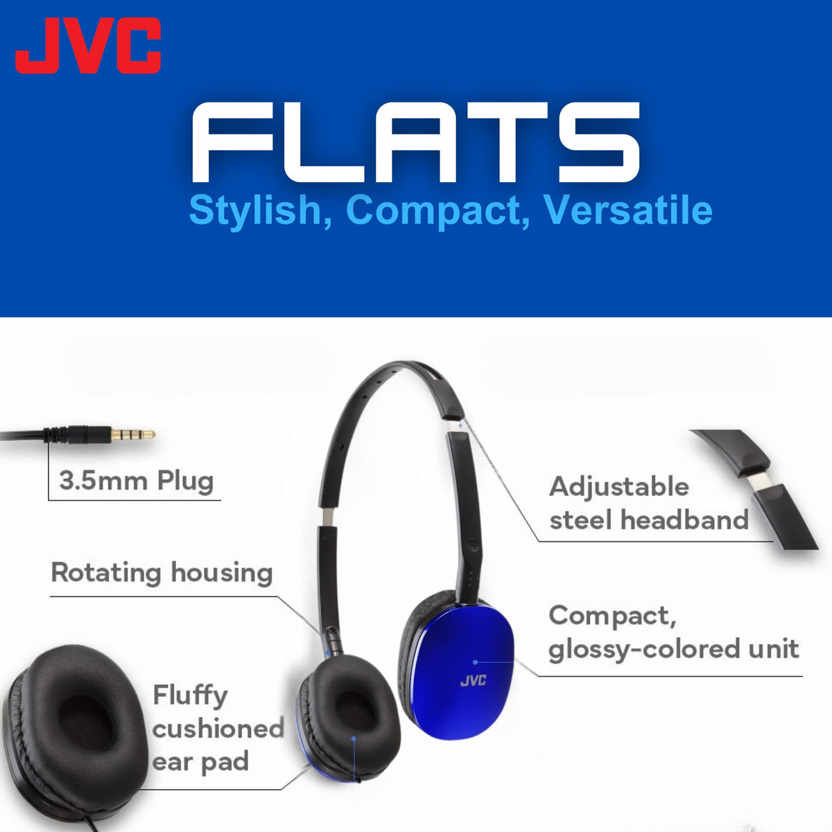 JVC Flats 30mm driver delivers clear, dynamic sound for daily listening.