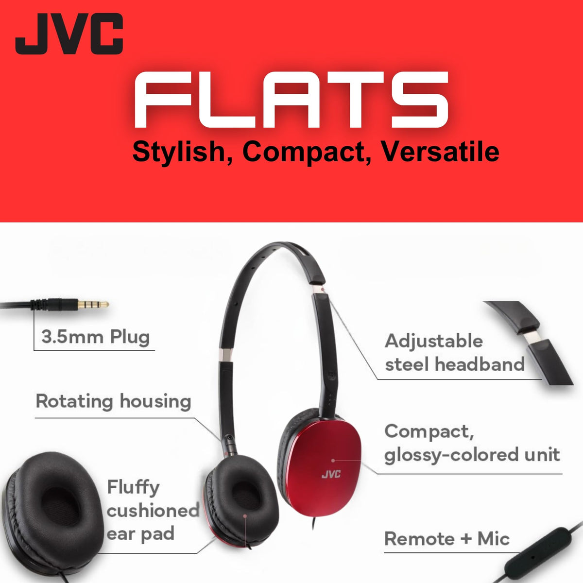 Close-up of JVC Flats on-ear headphones 30mm driver delivering dynamic sound.