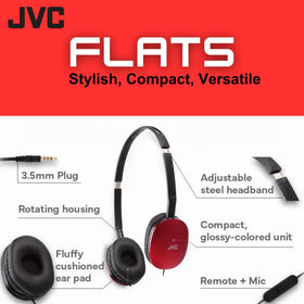 Close-up of JVC Flats on-ear headphones 30mm driver delivering dynamic sound.