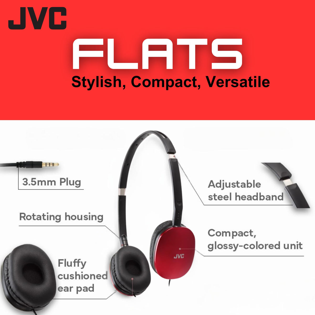 JVC Flats On-Ear headphones with 30mm drivers for clear on-the-go sound