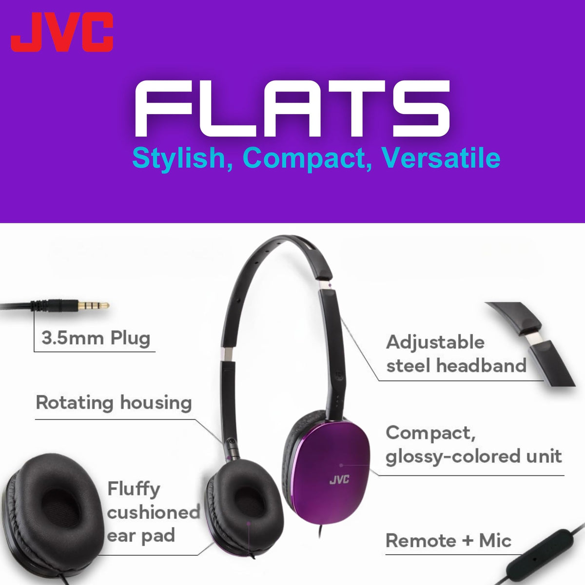 JVC Flats on-Ear headphones with 30mm driver delivering rich, dynamic sound.