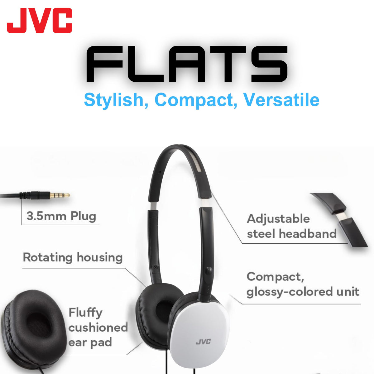 JVC Flats On-Ear headphones with 30mm driver, delivering dynamic, punchy sound.