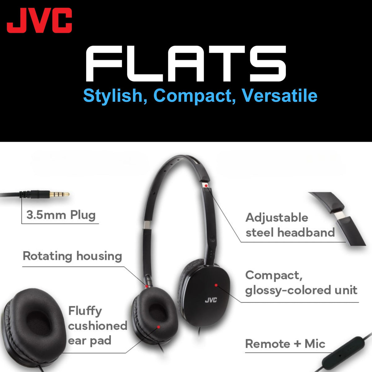 JVC flats on-ear headphones with 30mm driver for dynamic sound