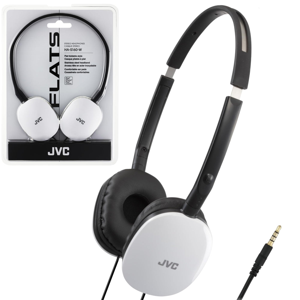 JVC Flats On-Ear headphones with folded design, ideal for travel and storage.