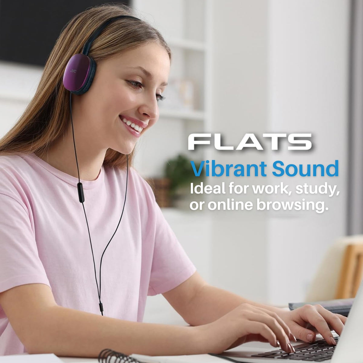 JVC Flats on-Ear headphones feature a durable steel headband for daily use.