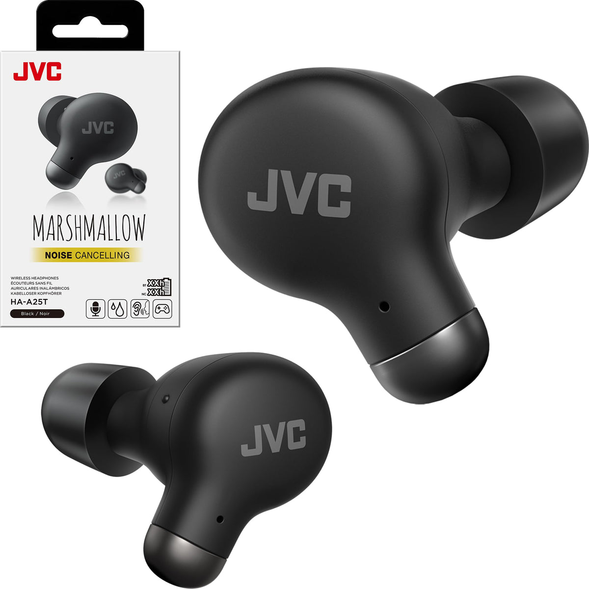 JVC front packaging showing earbuds and case, highlights product features