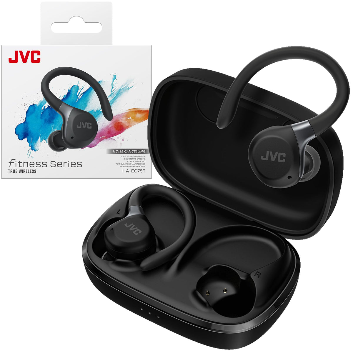 JVC front view of earbuds and case showing sleek design and long battery benefit