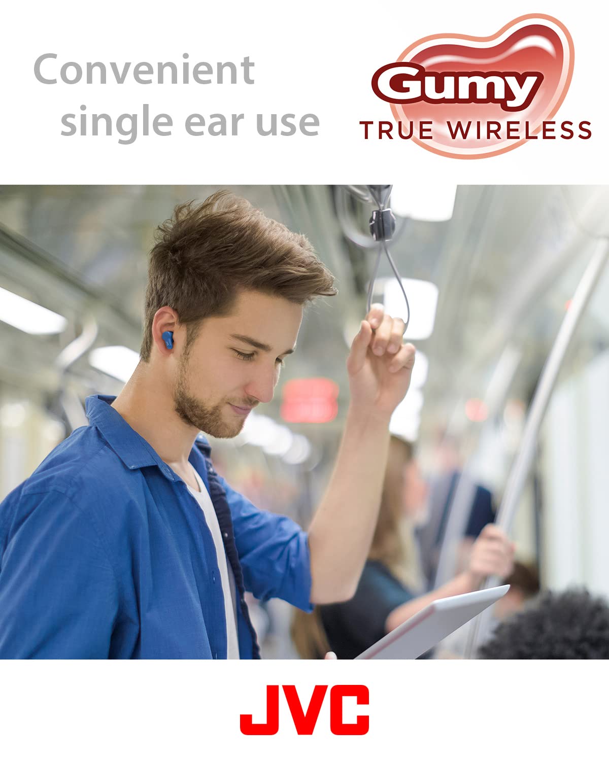 JVC Gumy charging case open displaying earbuds and quick-charge benefit