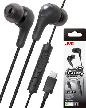 JVC Gumy Connect earbuds front view with compact design and built-in DAC.