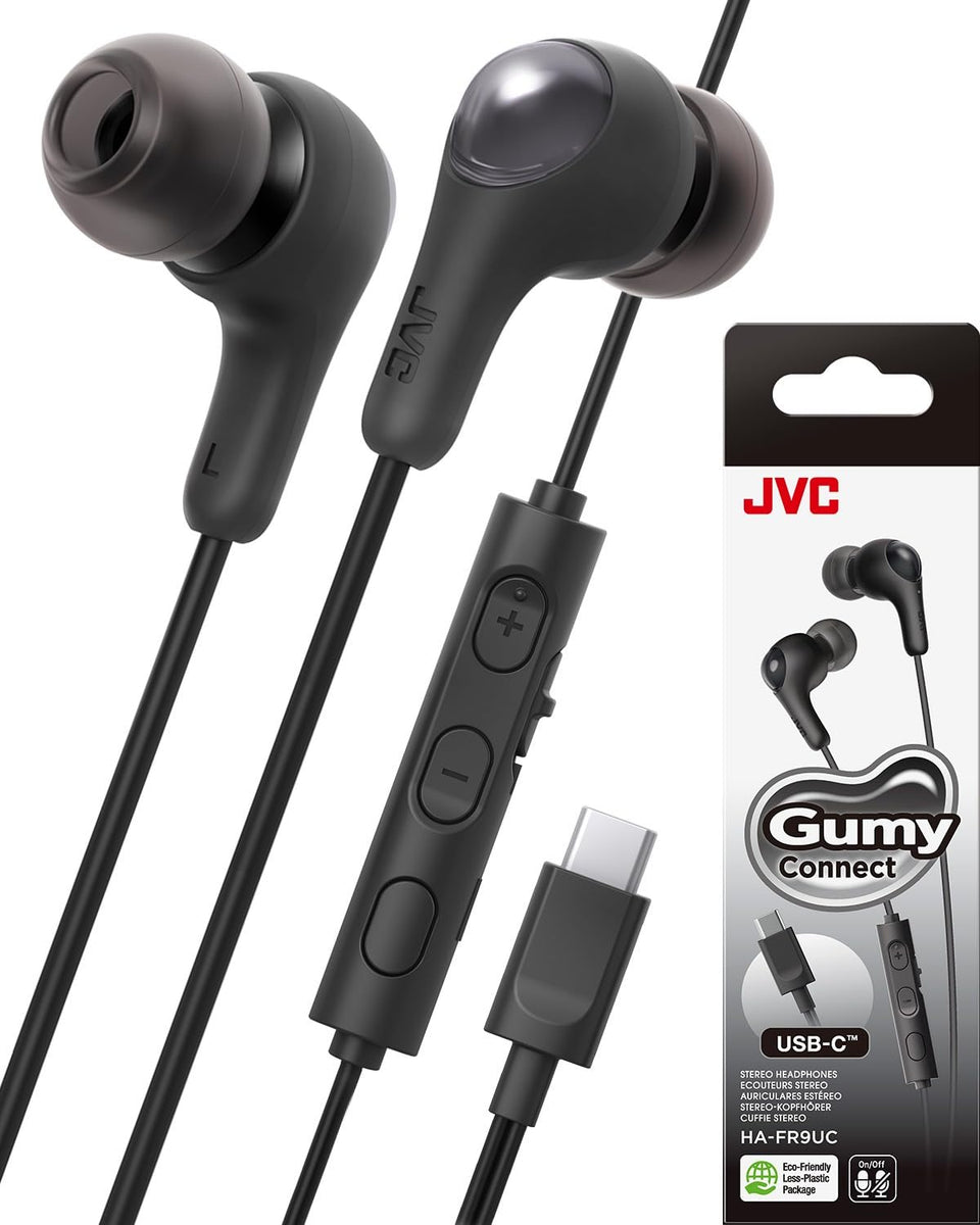 JVC Gumy Connect earbuds front view with compact design and built-in DAC.