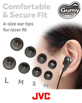 JVC Gumy Connect remote with volume and mic controls for easy calls.