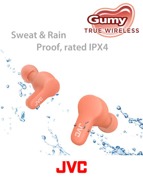 JVC Gumy earbuds in ear while running, demonstrates sweat-resistant use