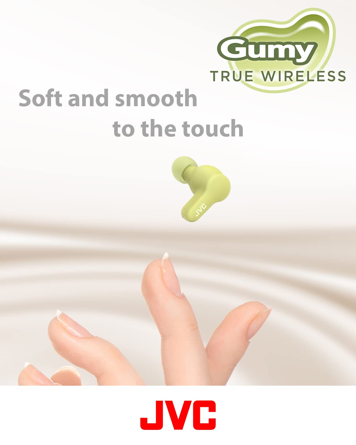 JVC Gumy earbud close-up showing soft-touch detail for comfortable wear