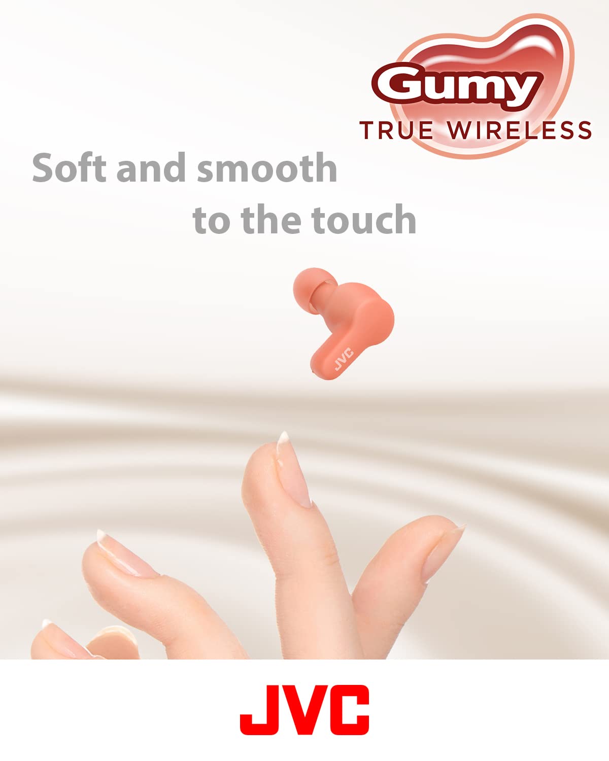 JVC Gumy close-up of earbud texture and soft-touch finish for comfort