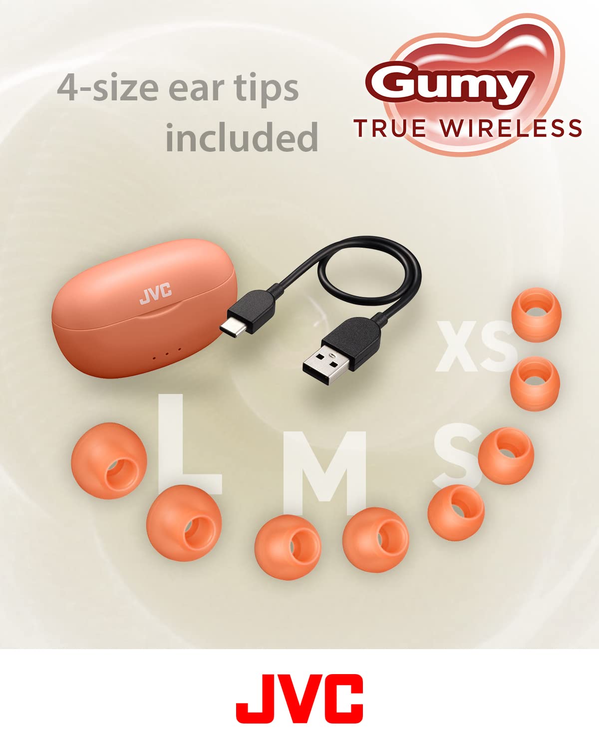 JVC Gumy earpiece sizes XS S M L laid out, ensures personalized fit