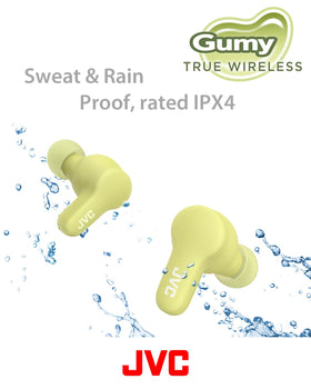 JVC Gumy earbuds fitted in ear demonstrating secure fit and comfort