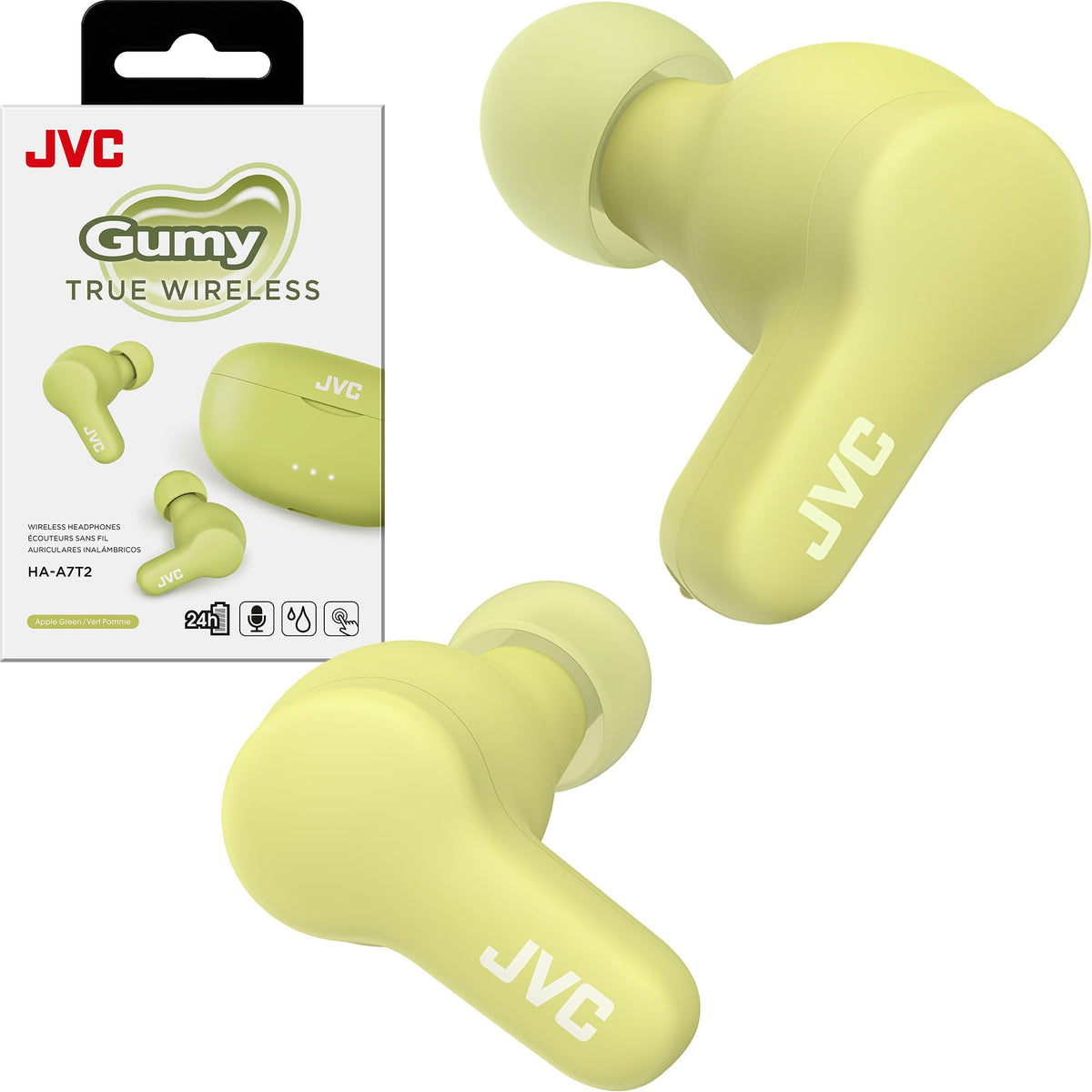 JVC Gumy front packaging showing earbuds and case, clear product presentation