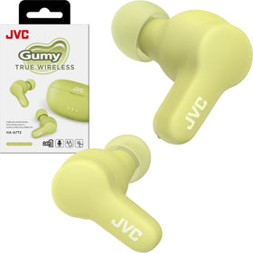 JVC Gumy front packaging showing earbuds and case, clear product presentation