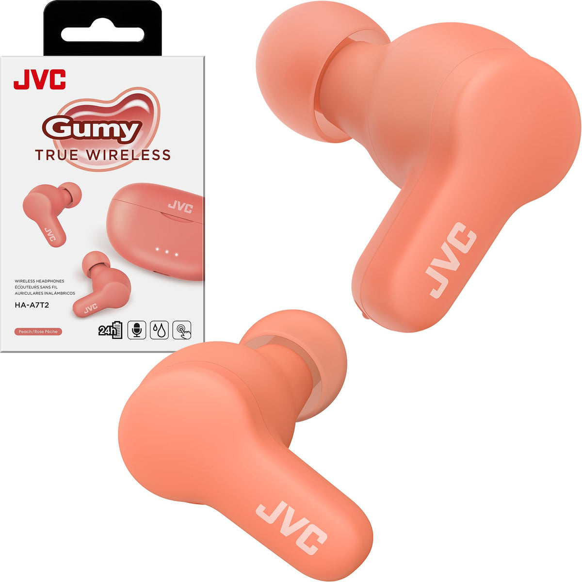 JVC Gumy front packaging showing earbuds and case, highlights compact design
