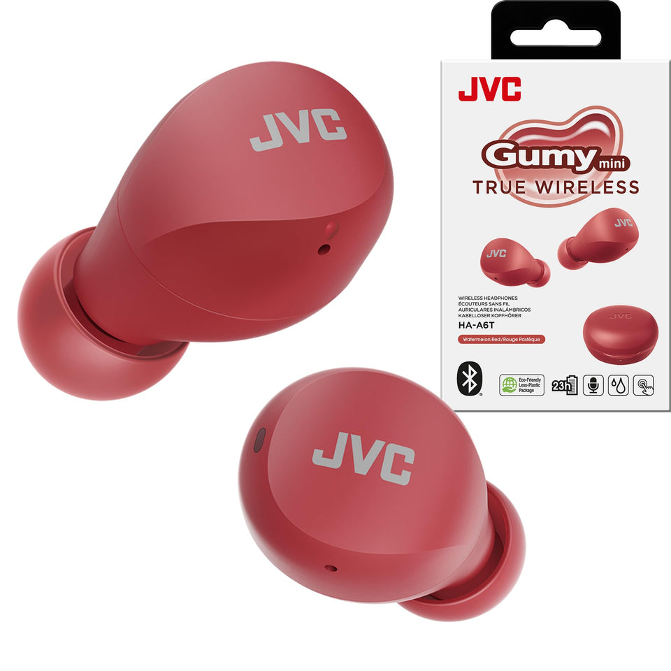 JVC Gumy Mini case open shows a compact charging case for on-the-go charging.