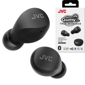 JVC Gumy Mini earbuds inside a compact black charging case for portability