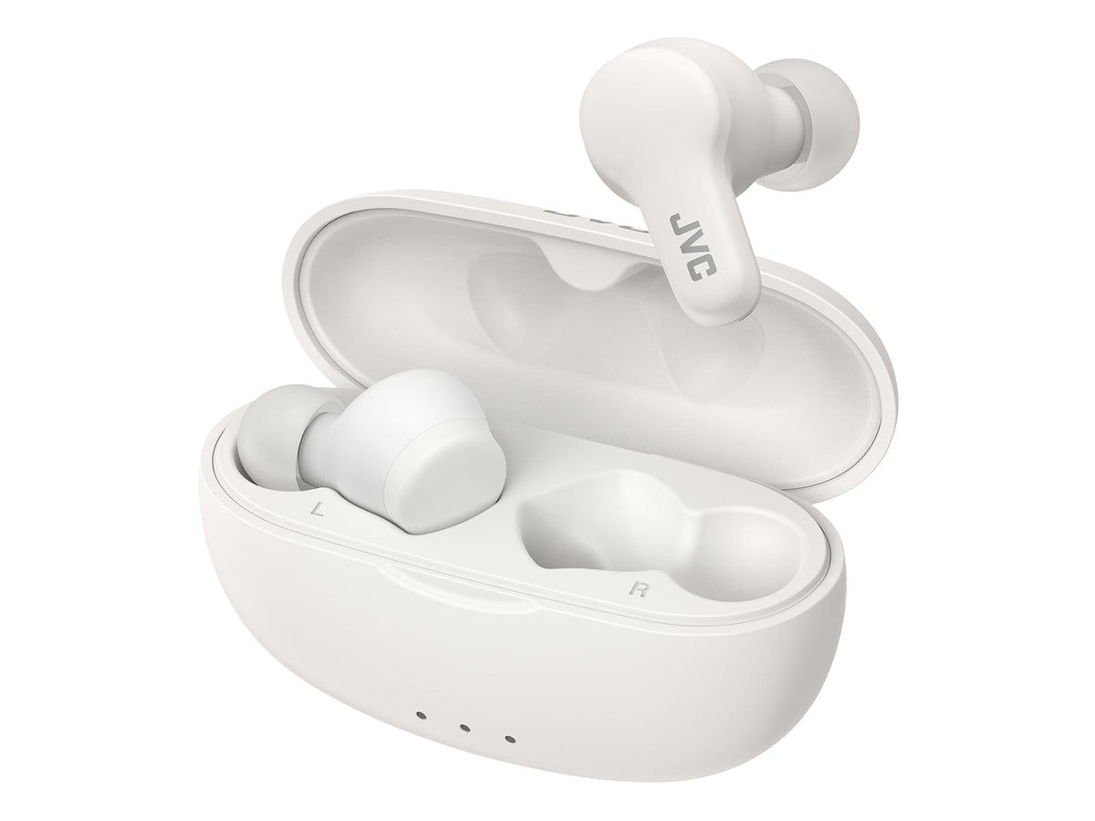 JVC Gumy Mini earbuds in charging case, offering portable power and quick recharges.