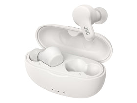 JVC Gumy Mini earbuds in charging case, offering portable power and quick recharges.