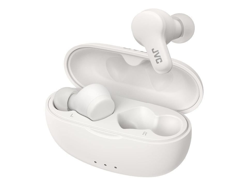 JVC Gumy Mini earbuds in charging case, offering portable power and quick recharges.