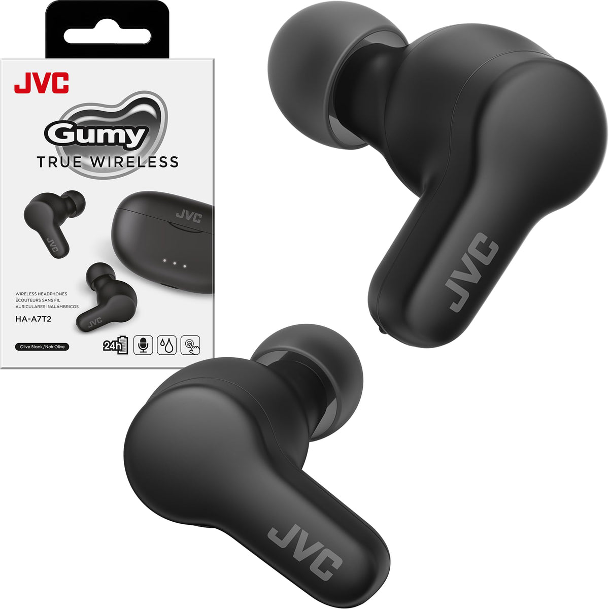 JVC Gumy Mini earbuds in a compact charging case for on-the-go power