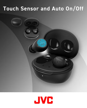 JVC Gumy Mini earbuds being removed from the case for quick pairing