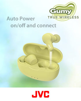 JVC Gumy earbuds next to a coin showing compact scale and portability