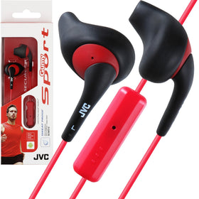 JVC Gumy Sport earbuds front view showing sleek black and red design and benefits