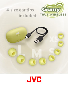 JVC Gumy earbuds with water splash illustrating IPX4 sweat resistance