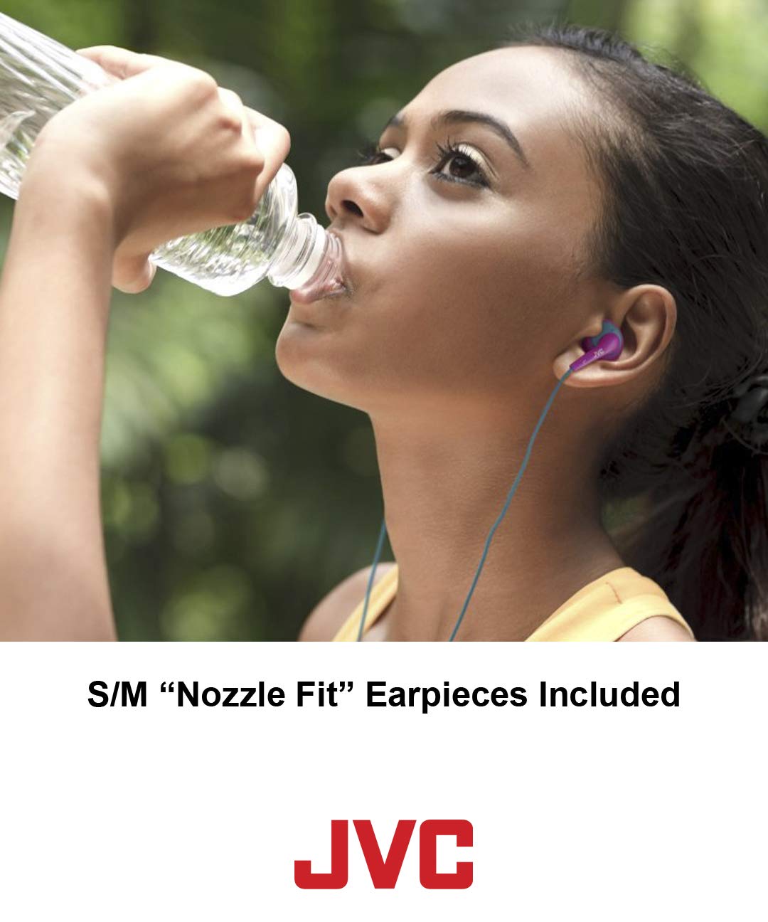 JVC HA-EN10B worn in ear demonstrating secure fit and workout stability