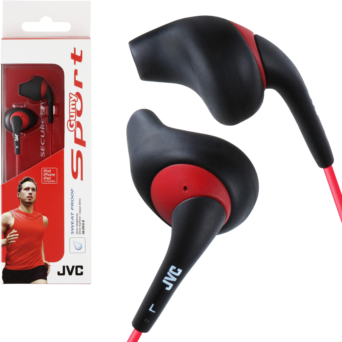 JVC HA-EN10B front view showing compact earbuds and benefit of secure fit
