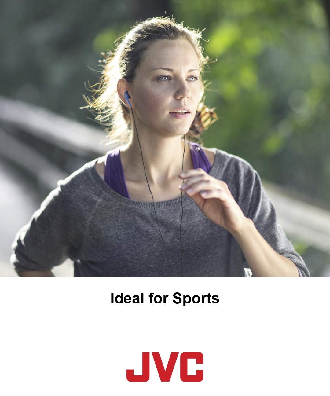 JVC HA-EN10B on gym equipment highlighting sweat-proof durability benefit