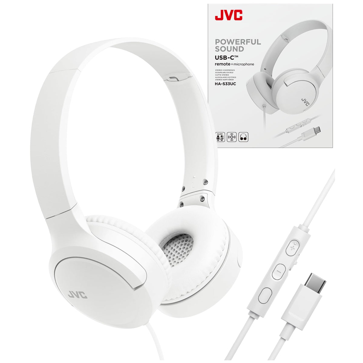 JVC front view of headphones showing design and easy plug-and-play